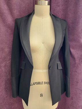 Karen Millen Black Wool Satin Tuxedo Blazer Jacket